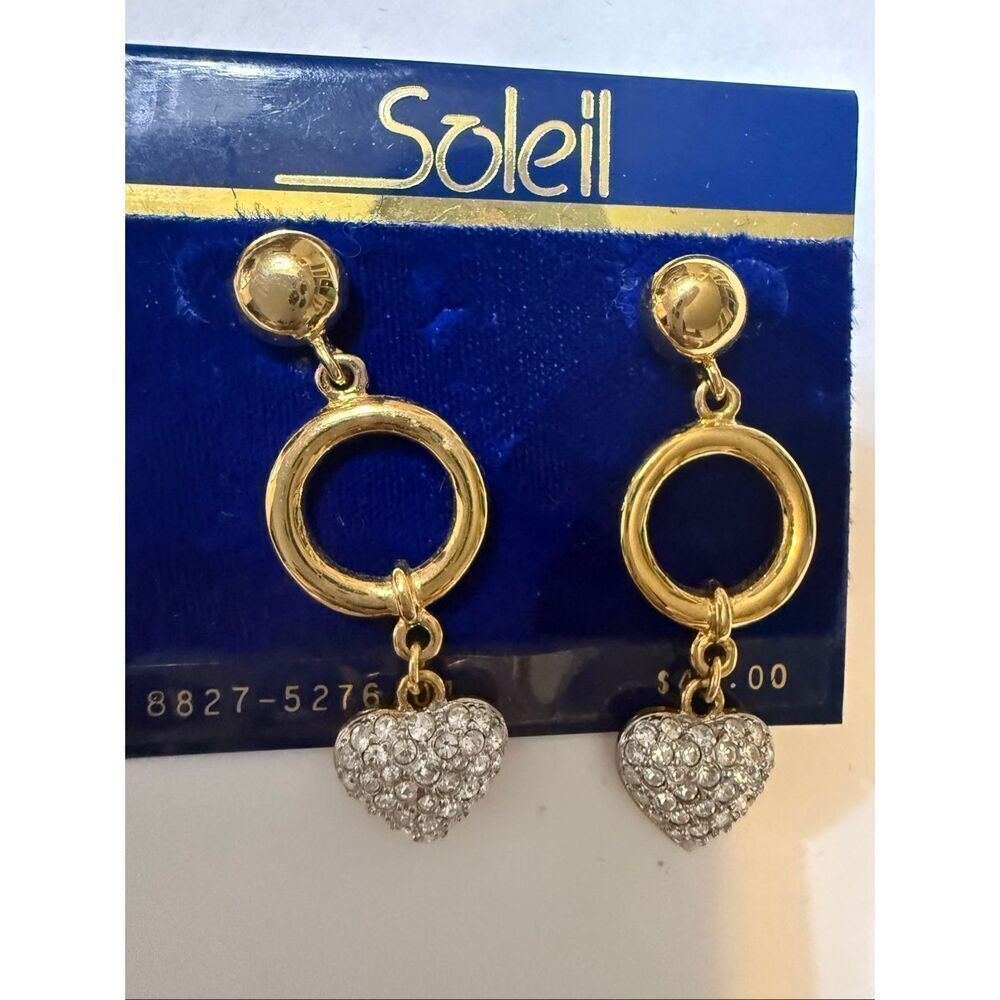 Soleil Gold-Tone Hoop Rhinestone Heart Charms Drop Dangle Earrings NWT